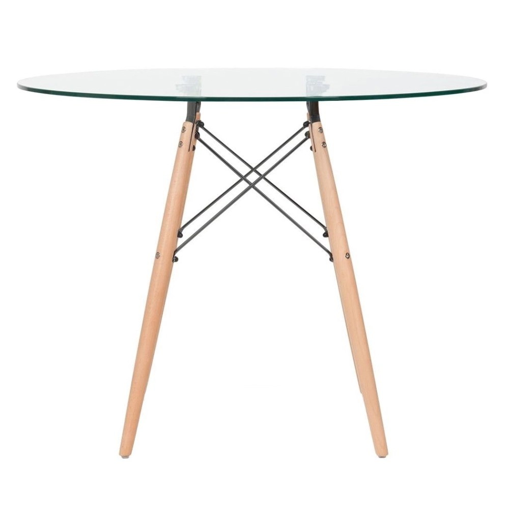 Mesa redonda Eames com tampo de vidro 100 cm + 4 cadeiras Eiffel DSW - Creme Mesa redonda Eames com tampo de vidro 100 cm + 4 cadeiras Eiffel DSW - Creme