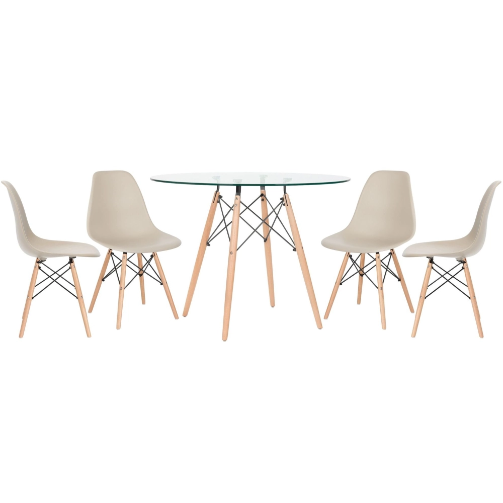 Mesa redonda Eames com tampo de vidro 100 cm + 4 cadeiras Eiffel DSW - Nude Mesa redonda Eames com tampo de vidro 100 cm + 4 cadeiras Eiffel DSW - Nude