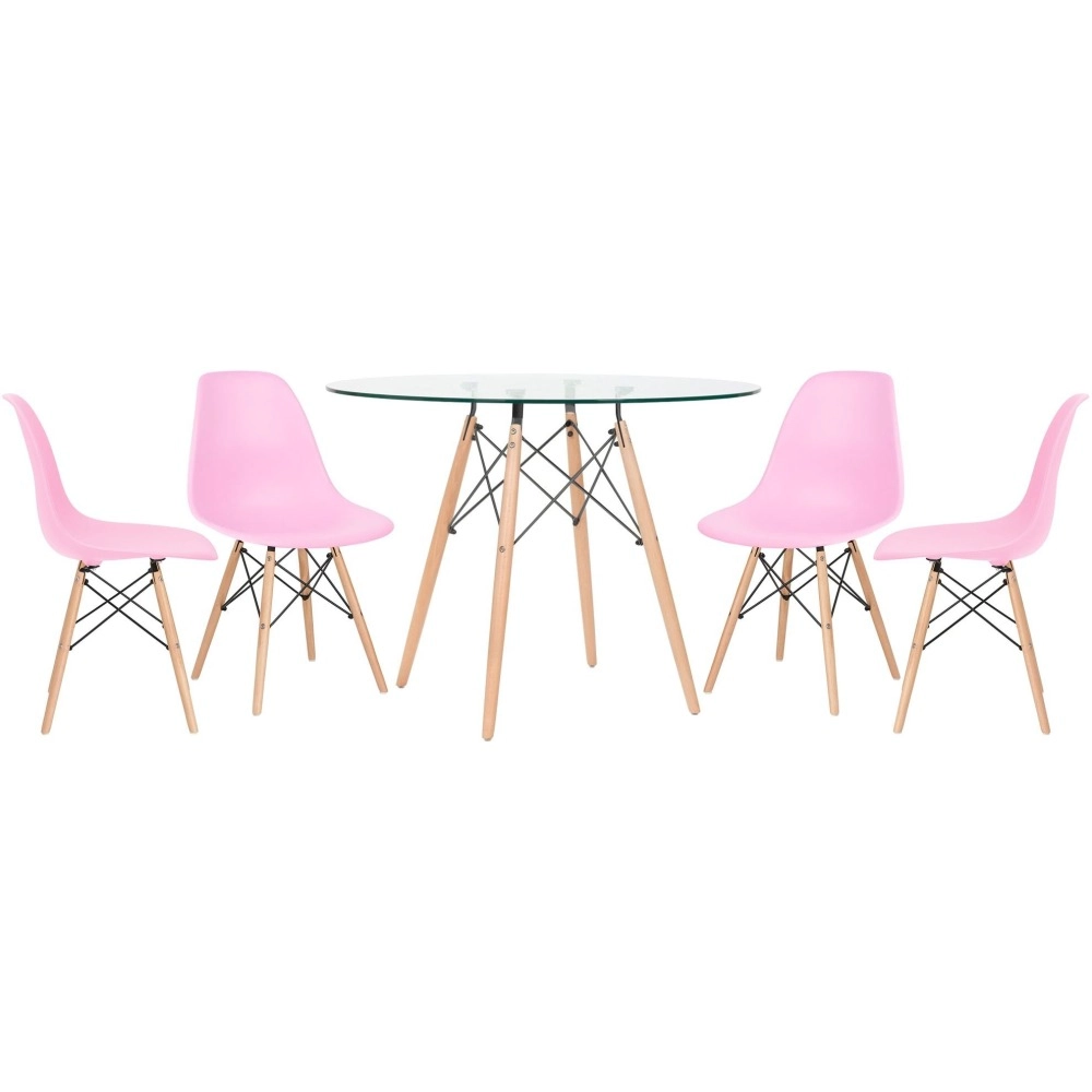 Mesa redonda Eames com tampo de vidro 100 cm + 4 cadeiras Eiffel DSW - Rosa Mesa redonda Eames com tampo de vidro 100 cm + 4 cadeiras Eiffel DSW - Rosa