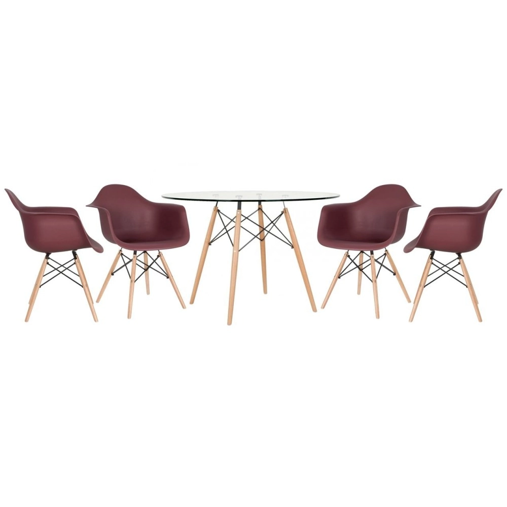 Mesa redonda Eames com tampo de vidro 120 cm + 4 cadeiras Eiffel DAW - Marrom Mesa redonda Eames com tampo de vidro 120 cm + 4 cadeiras Eiffel DAW - Marrom