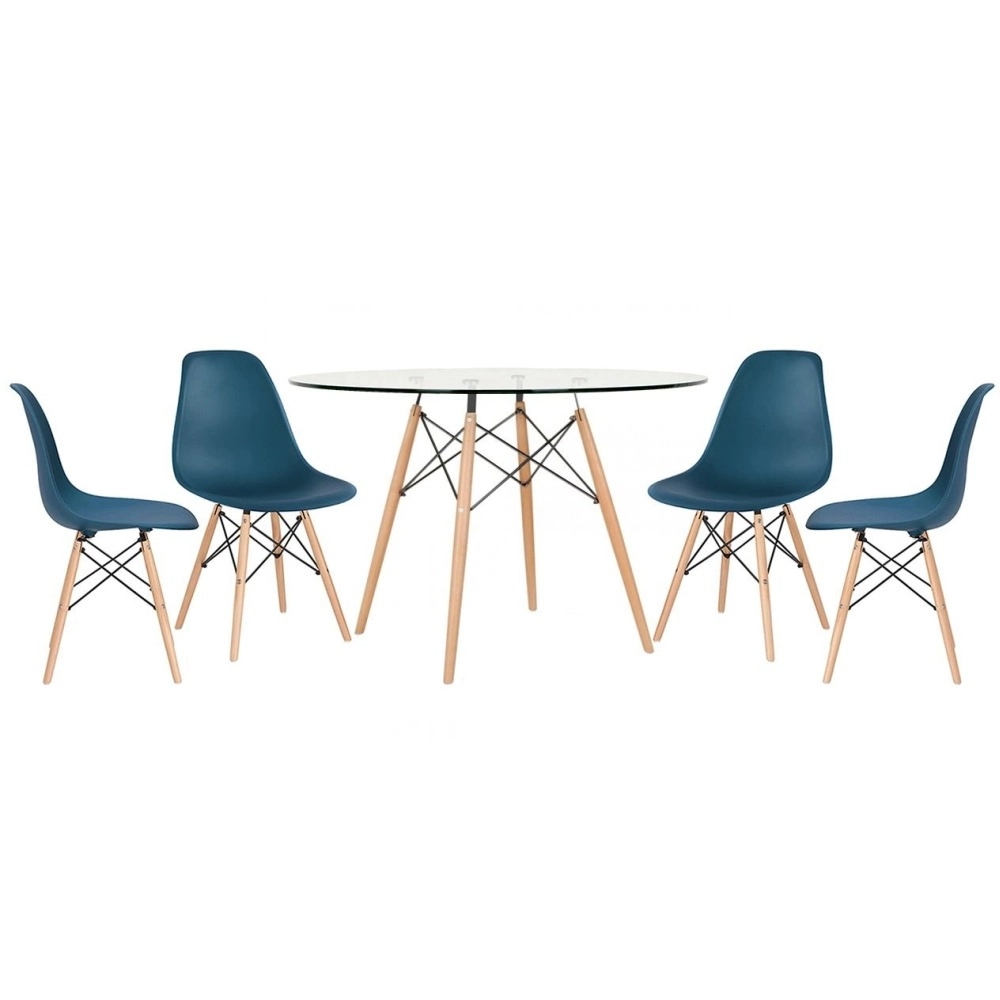 Mesa redonda Eames com tampo de vidro 120 cm + 4 cadeiras Eiffel DSW - Azul Petróleo Mesa redonda Eames com tampo de vidro 120 cm + 4 cadeiras Eiffel DSW - Azul Petróleo