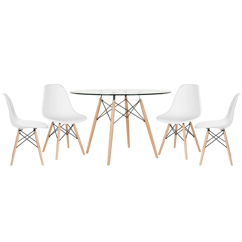 Mesa redonda Eames com tampo de vidro 120 cm + 4 cadeiras Eiffel DSW - Branco