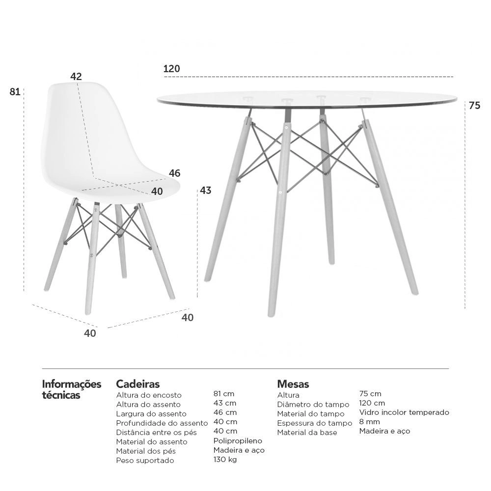 Mesa redonda Eames com tampo de vidro 120 cm + 4 cadeiras Eiffel DSW - Branco