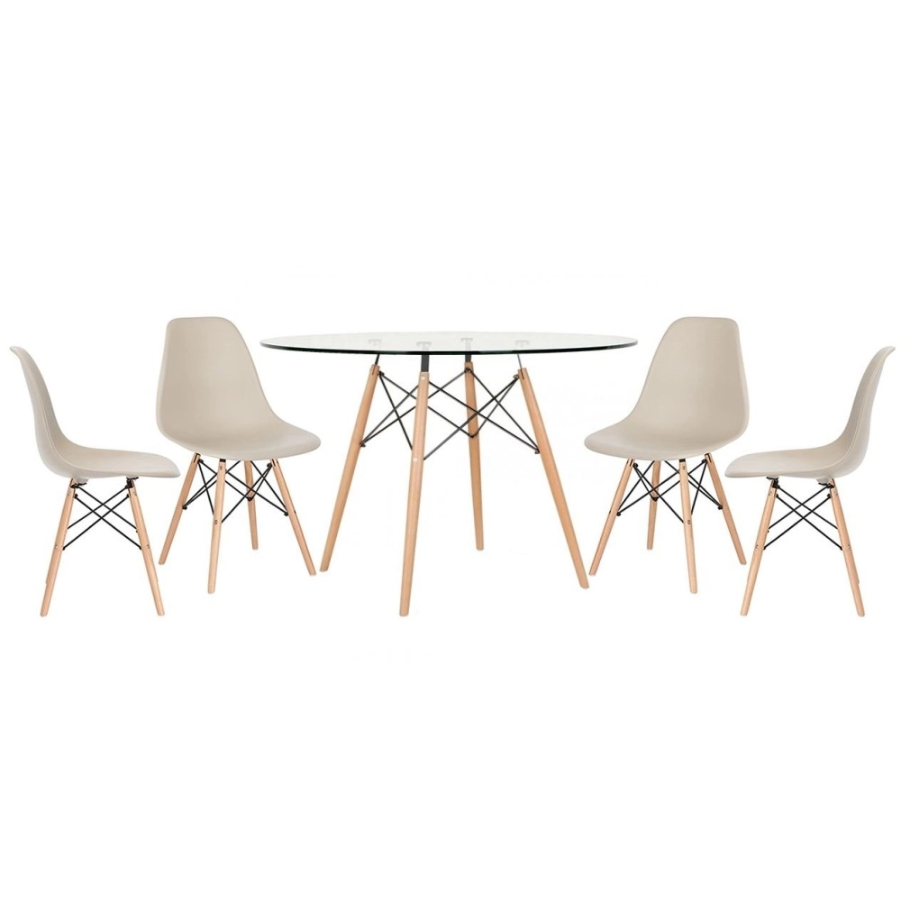Mesa redonda Eames com tampo de vidro 120 cm + 4 cadeiras Eiffel DSW - Nude Mesa redonda Eames com tampo de vidro 120 cm + 4 cadeiras Eiffel DSW - Nude