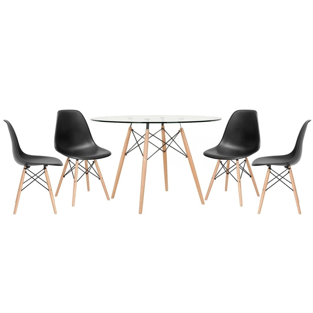 Mesa redonda Eames com tampo de vidro 120 cm + 4 cadeiras Eiffel DSW - Preto Mesa redonda Eames com tampo de vidro 120 cm + 4 cadeiras Eiffel DSW - Preto