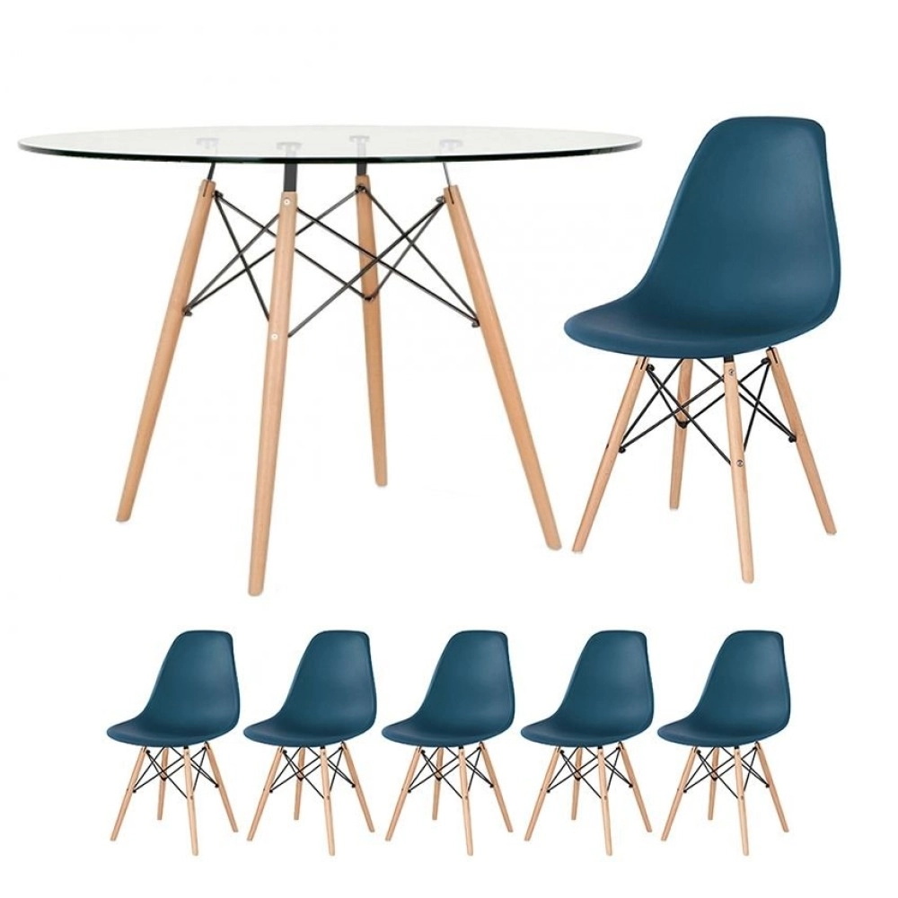 Mesa redonda Eames com tampo de vidro 120 cm + 5 cadeiras Eiffel DSW - Azul Petróleo Mesa redonda Eames com tampo de vidro 120 cm + 5 cadeiras Eiffel DSW - Azul Petróleo