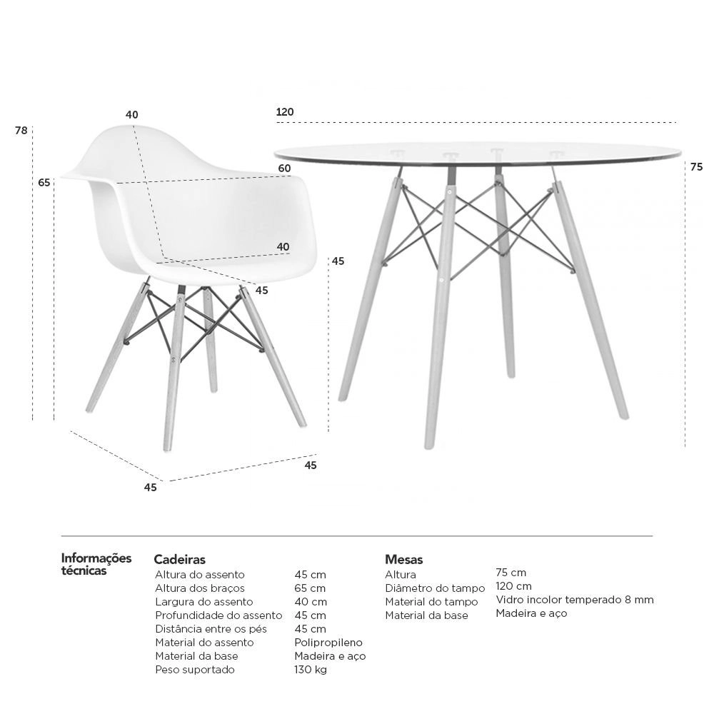 Mesa redonda Eames com tampo de vidro 120 cm + 6 cadeiras Eiffel DAW - Branco