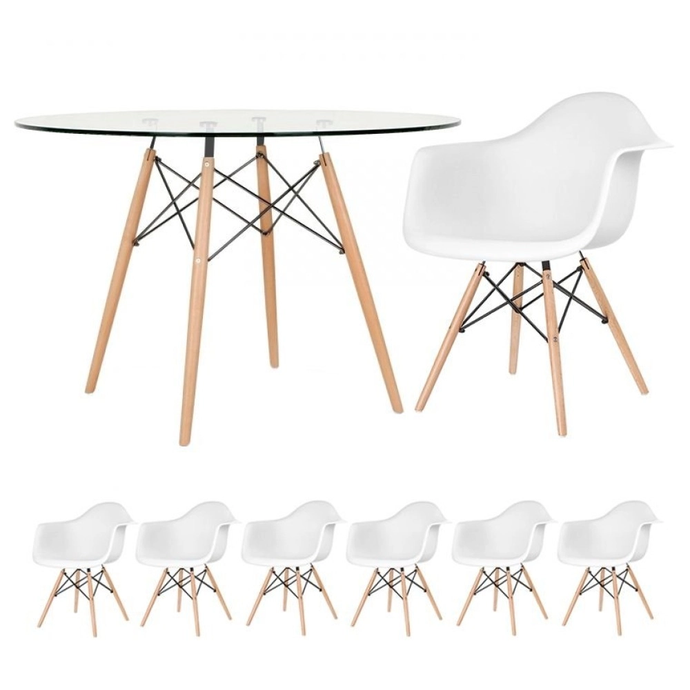 Mesa redonda Eames com tampo de vidro 120 cm + 6 cadeiras Eiffel DAW - Branco