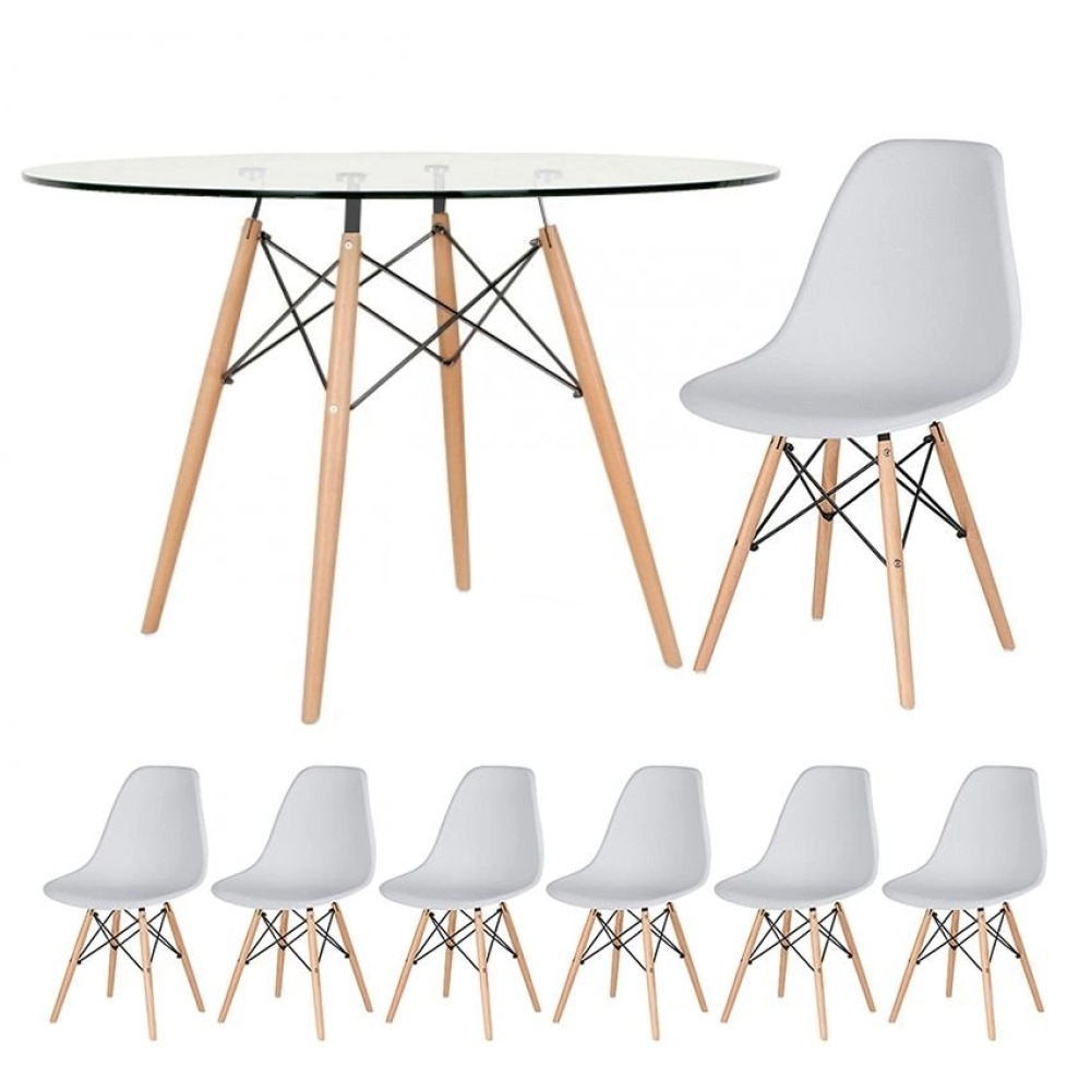 Mesa redonda Eames com tampo de vidro 120 cm + 6 cadeiras Eiffel DSW - Cinza Claro Mesa redonda Eames com tampo de vidro 120 cm + 6 cadeiras Eiffel DSW - Cinza Claro