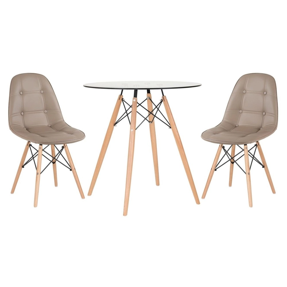 Mesa redonda Eames com tampo de vidro 70 cm + 2 cadeiras Eiffel Botonê- Nude Mesa redonda Eames com tampo de vidro 70 cm + 2 cadeiras Eiffel Botonê- Nude
