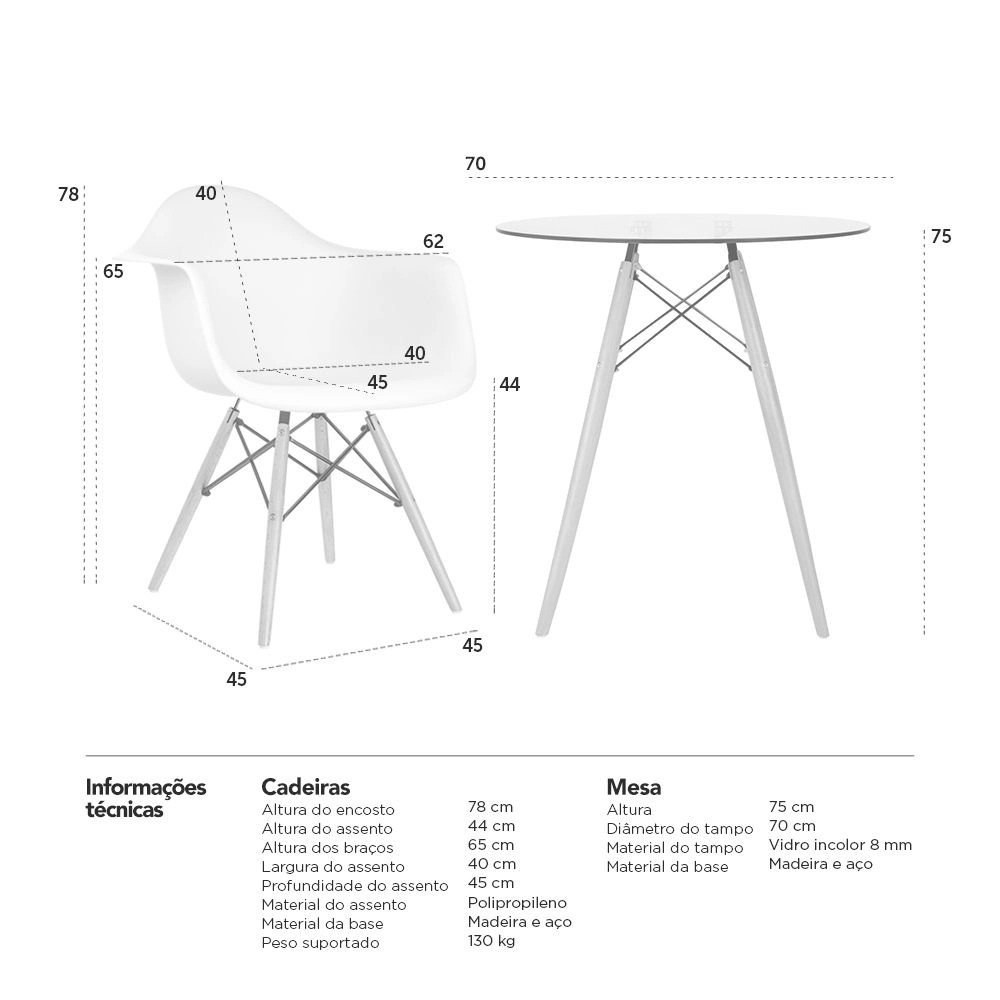 Mesa redonda Eames com tampo de vidro 70 cm + 2 cadeiras Eiffel DAW - Marrom