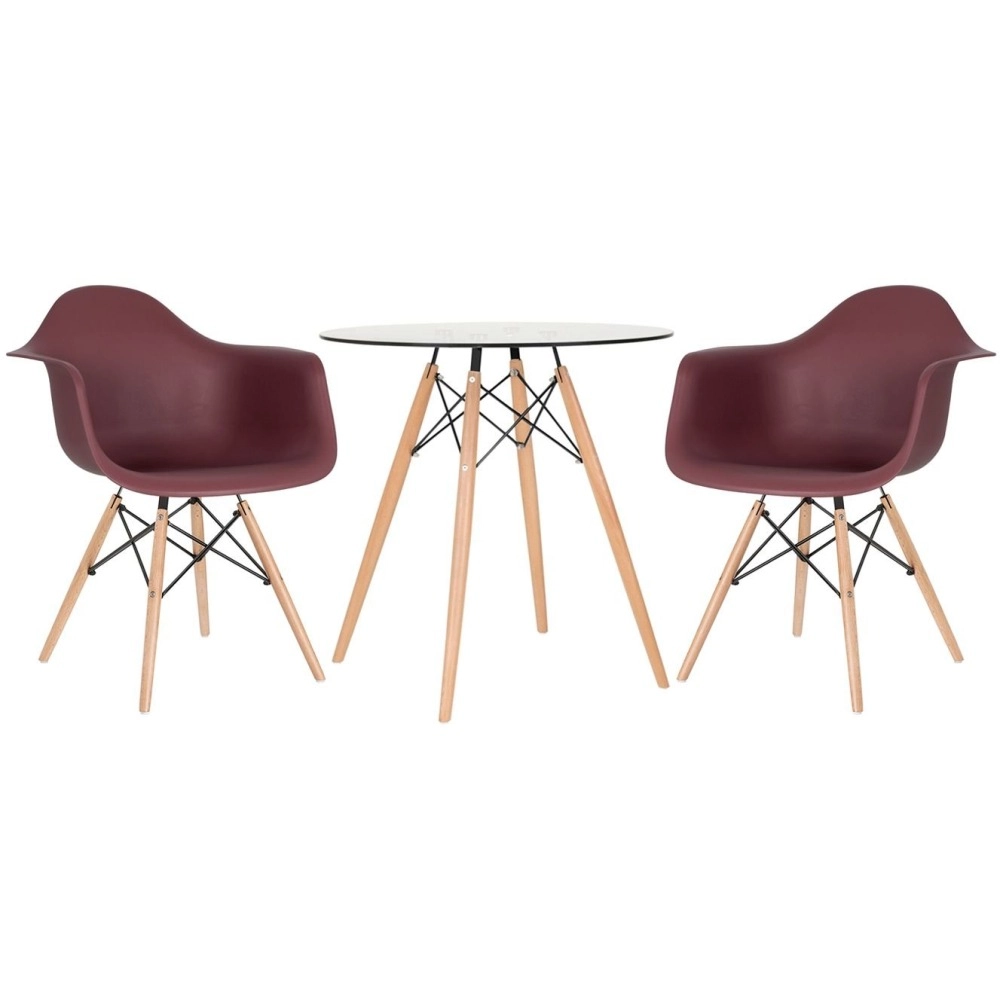 Mesa redonda Eames com tampo de vidro 70 cm + 2 cadeiras Eiffel DAW - Marrom