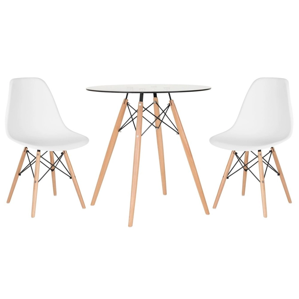 Mesa redonda Eames com tampo de vidro 70 cm + 2 cadeiras Eiffel DSW - Branco Mesa redonda Eames com tampo de vidro 70 cm + 2 cadeiras Eiffel DSW - Branco