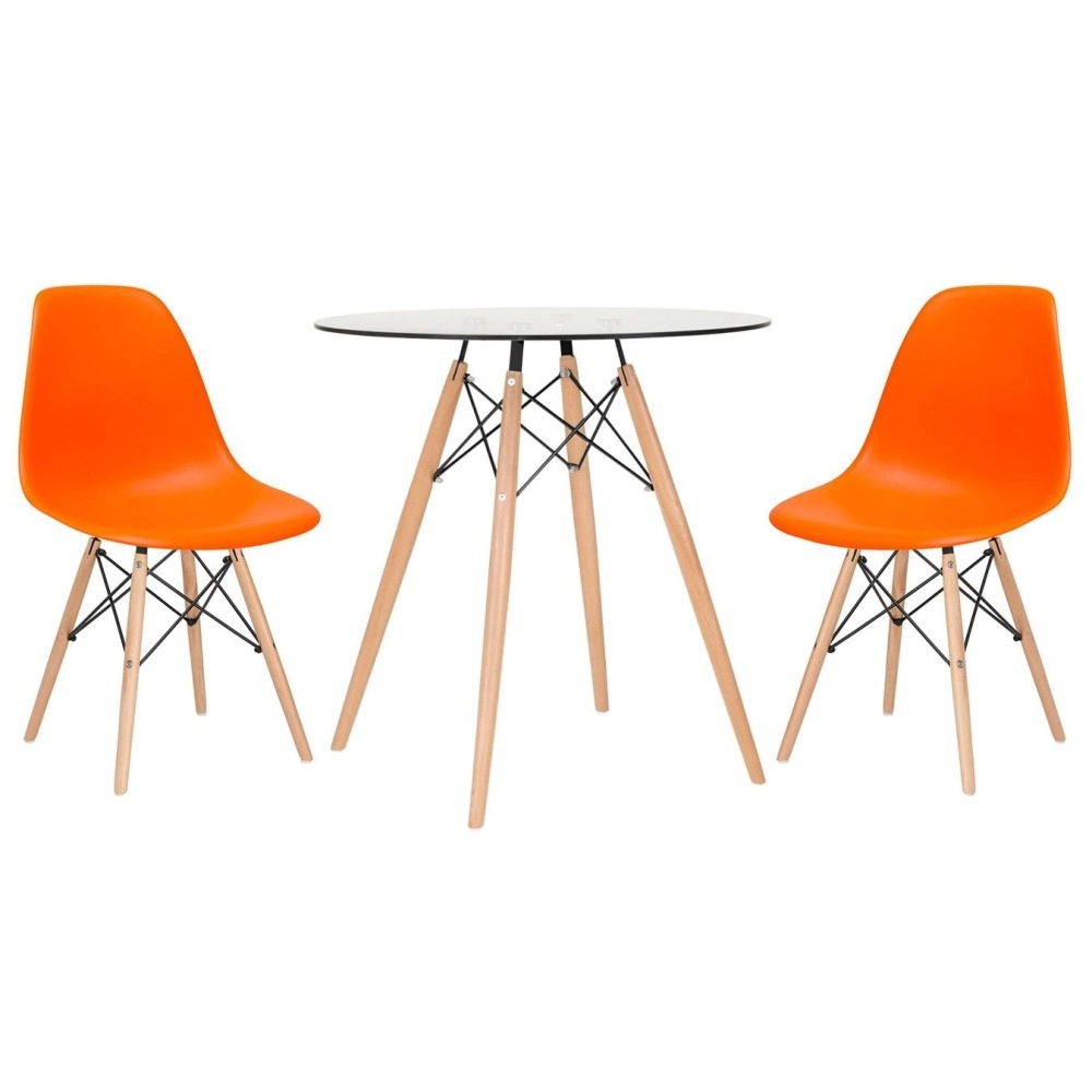 Mesa redonda Eames com tampo de vidro 70 cm + 2 cadeiras Eiffel DSW - Laranja Mesa redonda Eames com tampo de vidro 70 cm + 2 cadeiras Eiffel DSW - Laranja