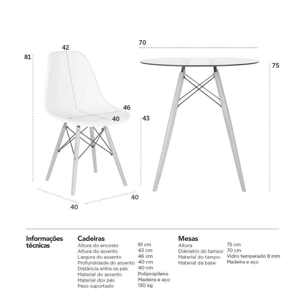 Mesa redonda Eames com tampo de vidro 70 cm + 2 cadeiras Eiffel DSW - Laranja Mesa redonda Eames com tampo de vidro 70 cm + 2 cadeiras Eiffel DSW - Laranja