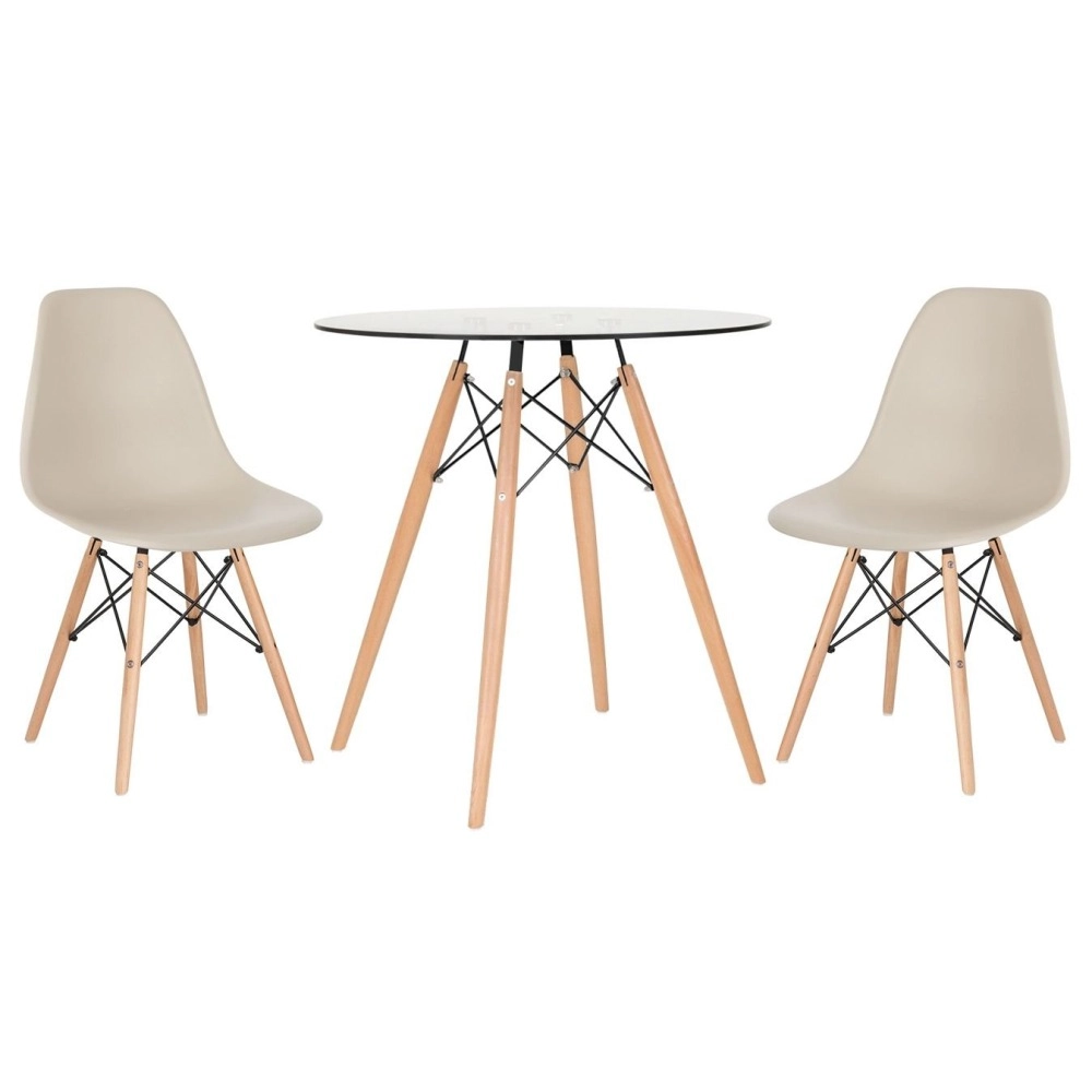 Mesa redonda Eames com tampo de vidro 70 cm + 2 cadeiras Eiffel DSW - Nude Mesa redonda Eames com tampo de vidro 70 cm + 2 cadeiras Eiffel DSW - Nude