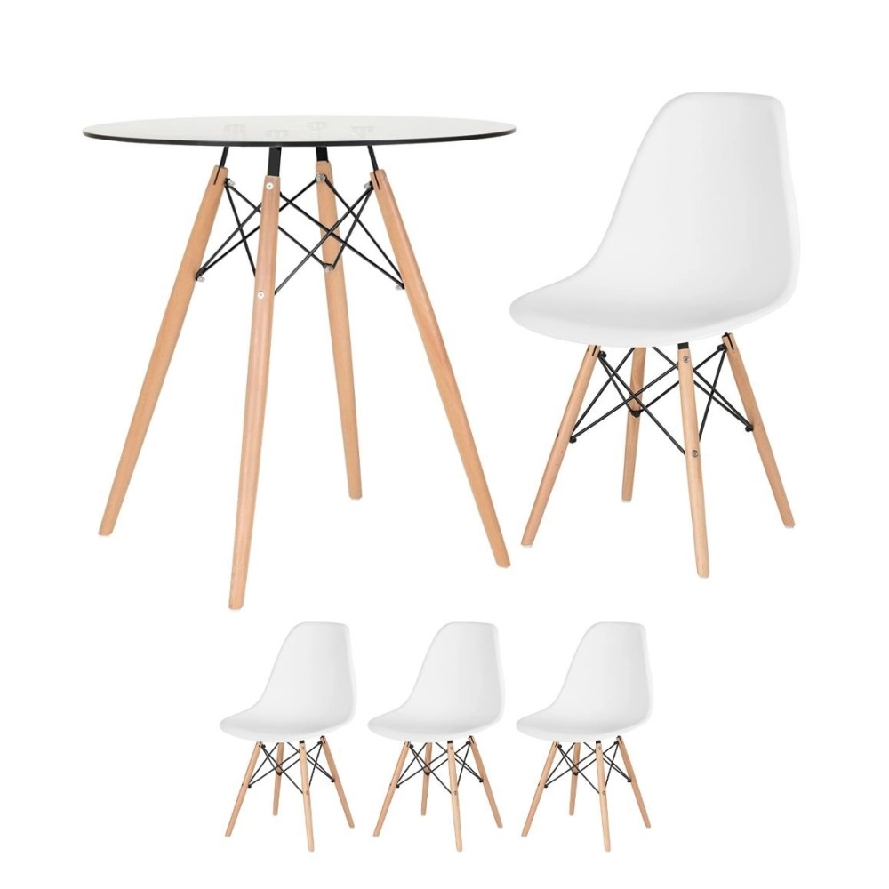 Mesa redonda Eames com tampo de vidro 70 cm + 3 cadeiras Eiffel DSW - Branco Mesa redonda Eames com tampo de vidro 70 cm + 3 cadeiras Eiffel DSW - Branco