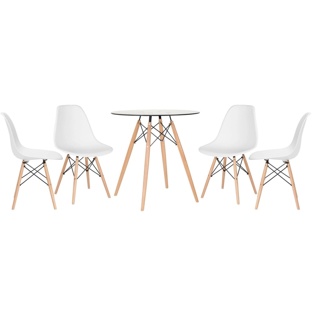 Mesa redonda Eames com tampo de vidro 70 cm + 4 cadeiras Eiffel DSW - Branco Mesa redonda Eames com tampo de vidro 70 cm + 4 cadeiras Eiffel DSW - Branco