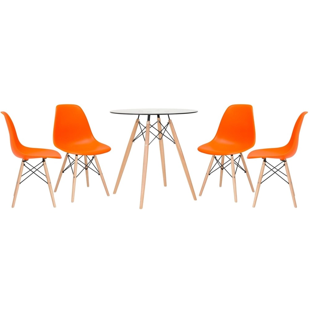 Mesa redonda Eames com tampo de vidro 70 cm + 4 cadeiras Eiffel DSW - Laranja Mesa redonda Eames com tampo de vidro 70 cm + 4 cadeiras Eiffel DSW - Laranja