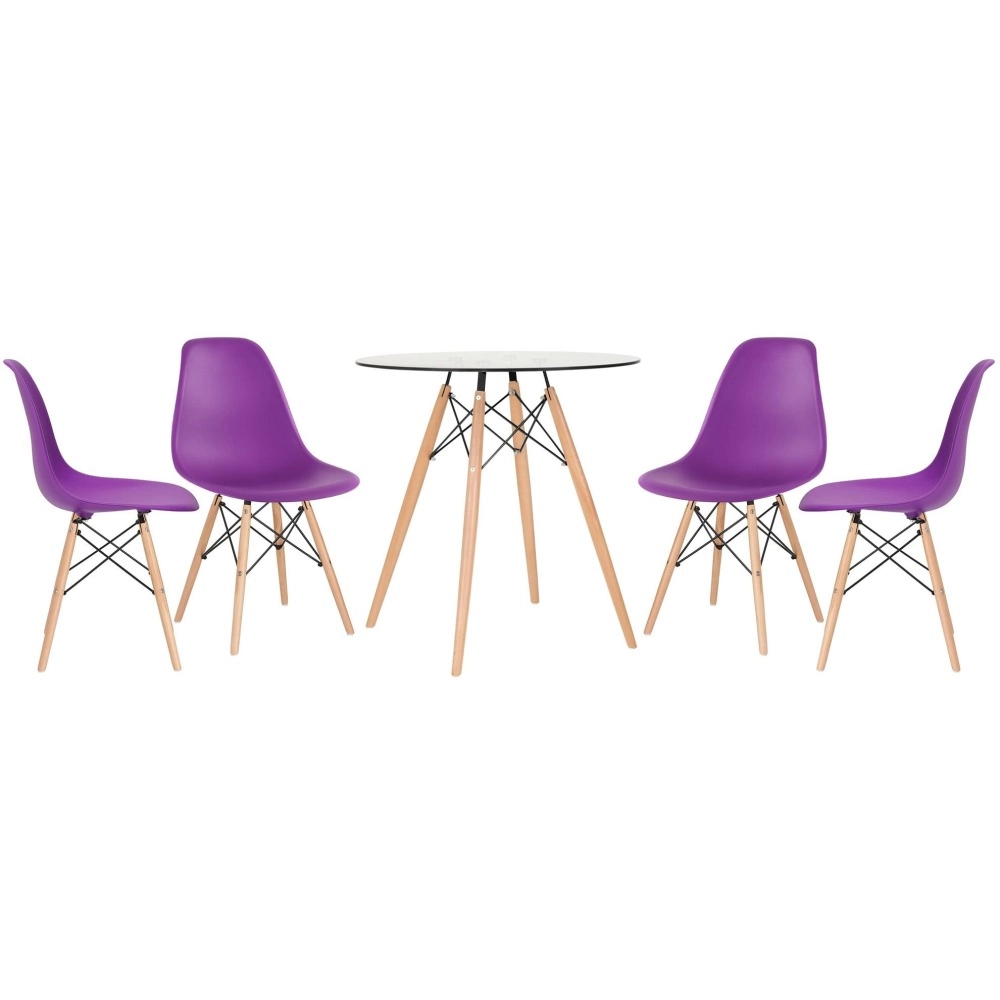 Mesa redonda Eames com tampo de vidro 70 cm + 4 cadeiras Eiffel DSW - Roxo Mesa redonda Eames com tampo de vidro 70 cm + 4 cadeiras Eiffel DSW - Roxo