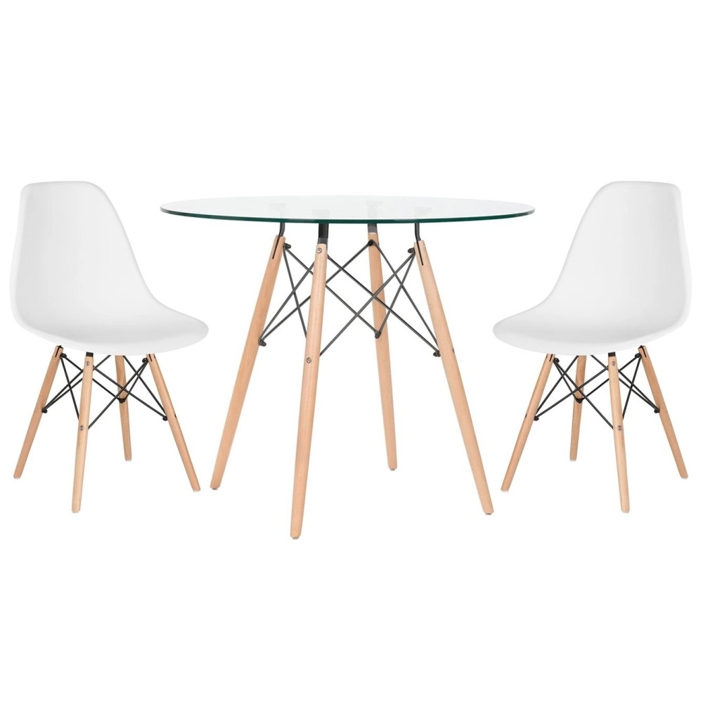 Mesa redonda Eames com tampo de vidro 80 cm + 2 cadeiras Eiffel DSW - Branco Mesa redonda Eames com tampo de vidro 80 cm + 2 cadeiras Eiffel DSW - Branco