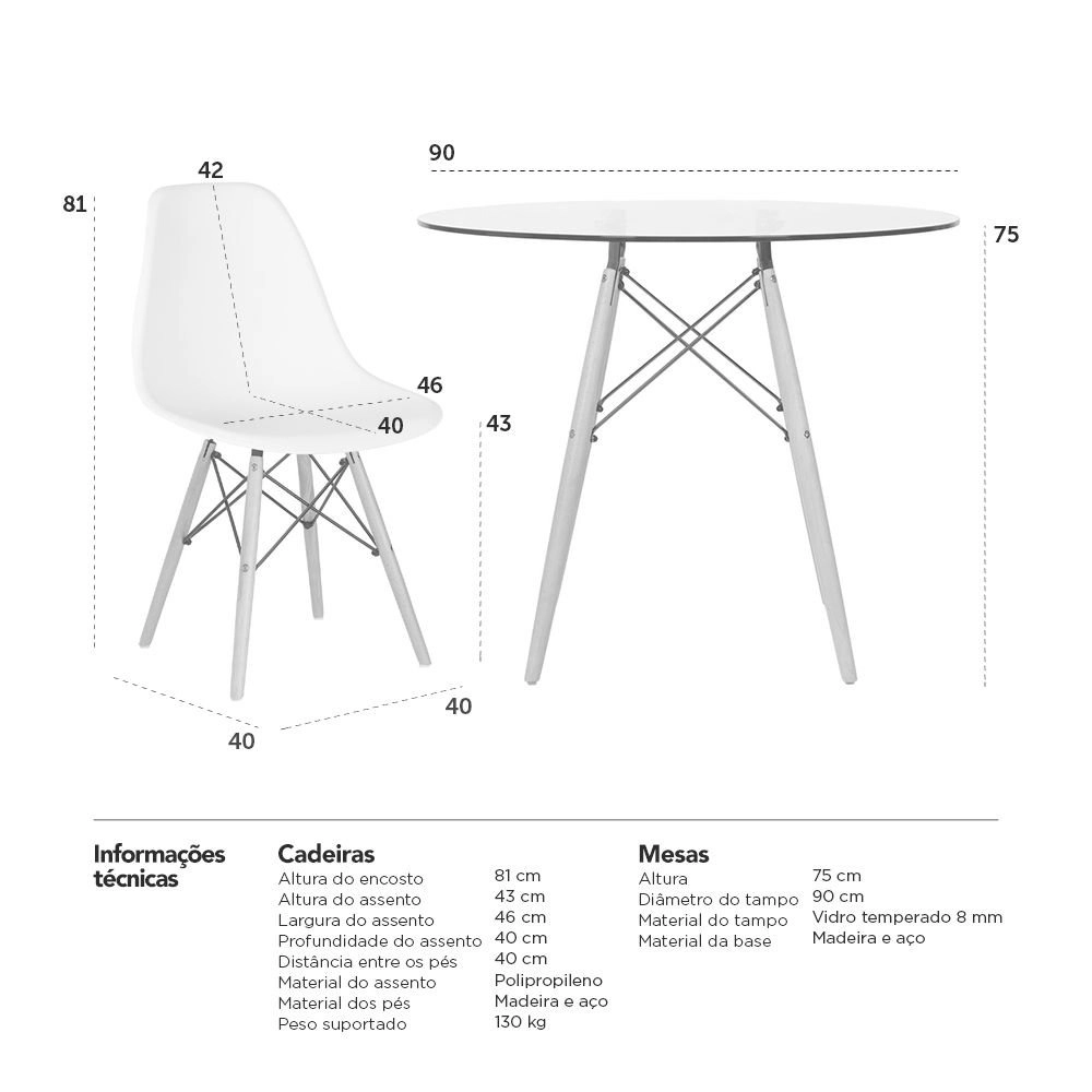 Mesa redonda Eames com tampo de vidro 80 cm + 2 cadeiras Eiffel DSW - Branco Mesa redonda Eames com tampo de vidro 80 cm + 2 cadeiras Eiffel DSW - Branco