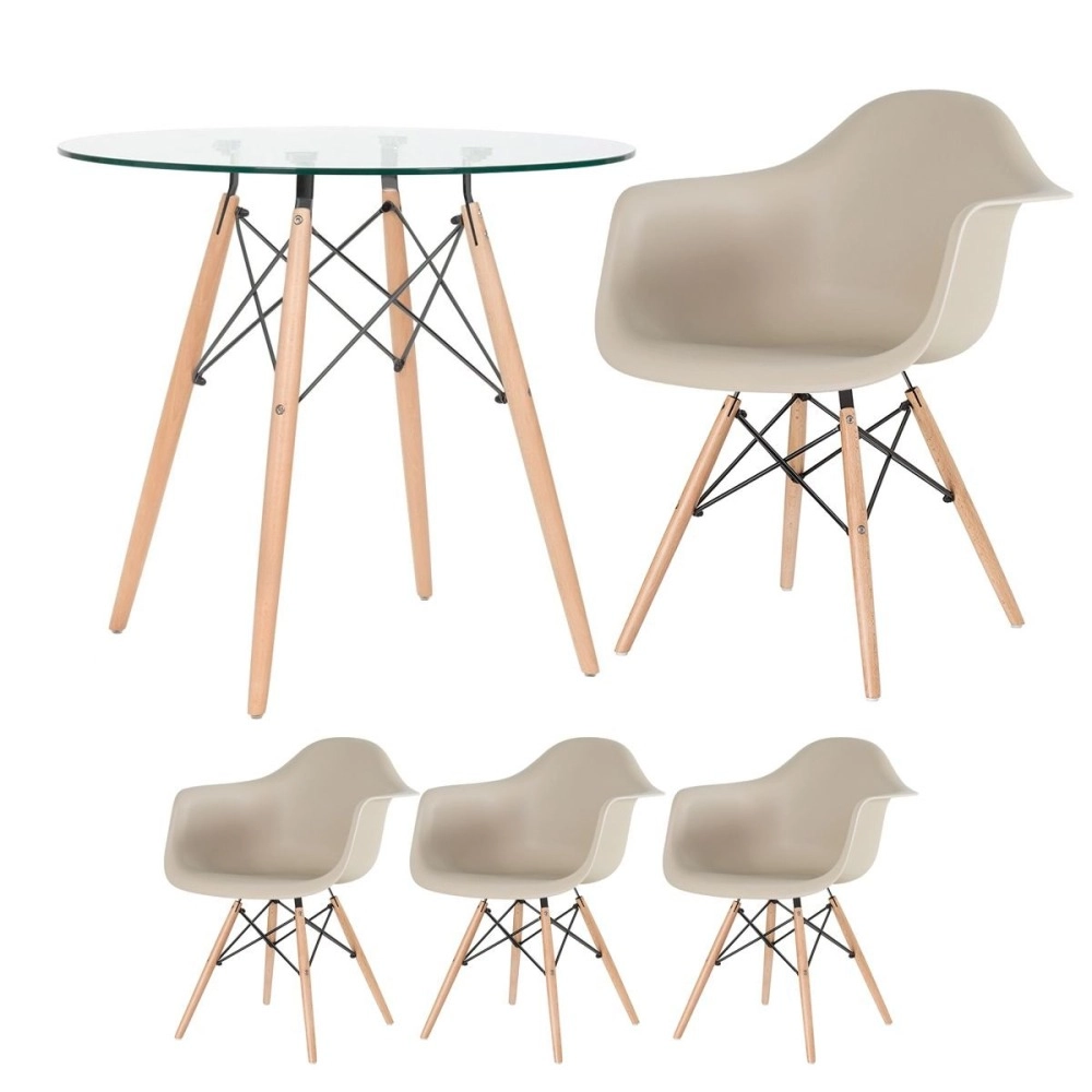 Mesa redonda Eames com tampo de vidro 80 cm + 3 cadeiras Eiffel DAW - Nude Mesa redonda Eames com tampo de vidro 80 cm + 3 cadeiras Eiffel DAW - Nude