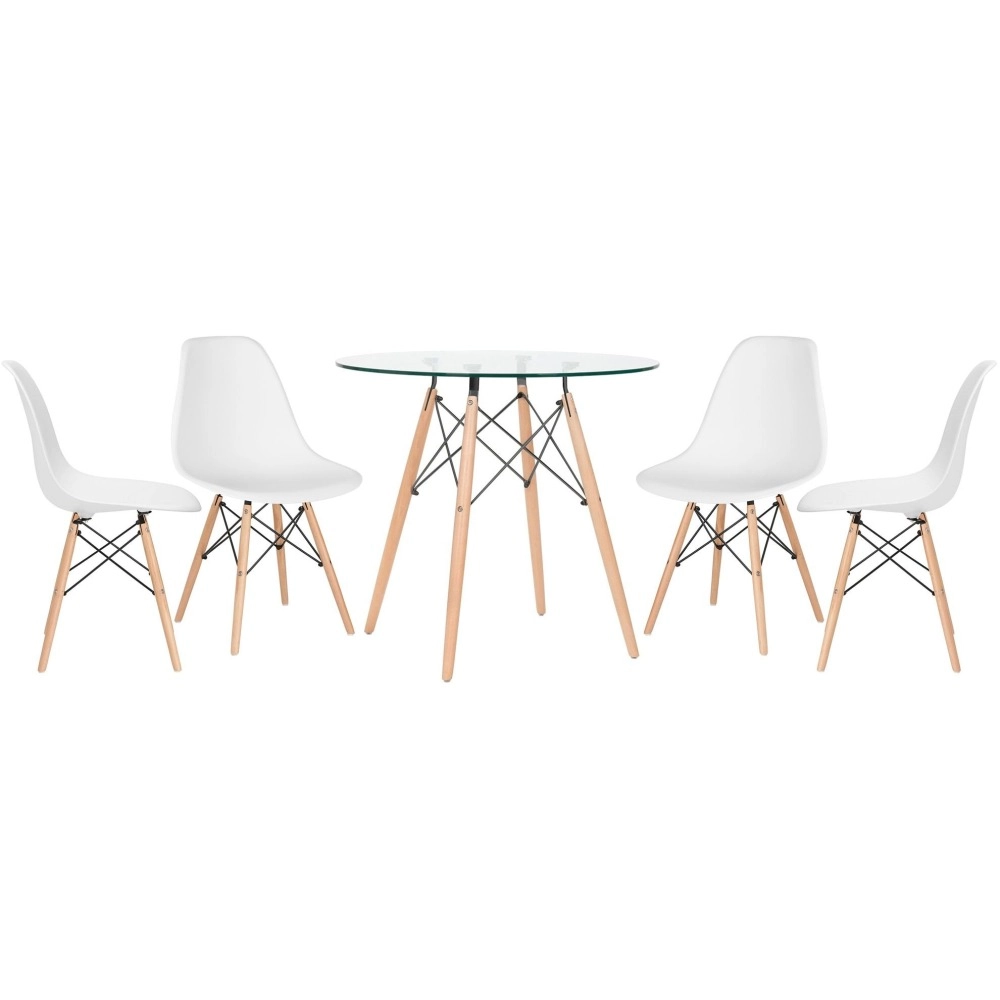 Mesa redonda Eames com tampo de vidro 80 cm + 4 cadeiras Eiffel DSW - Branco Mesa redonda Eames com tampo de vidro 80 cm + 4 cadeiras Eiffel DSW - Branco
