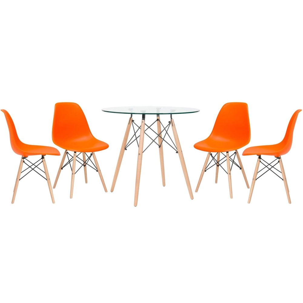 Mesa redonda Eames com tampo de vidro 80 cm + 4 cadeiras Eiffel DSW - Laranja Mesa redonda Eames com tampo de vidro 80 cm + 4 cadeiras Eiffel DSW - Laranja