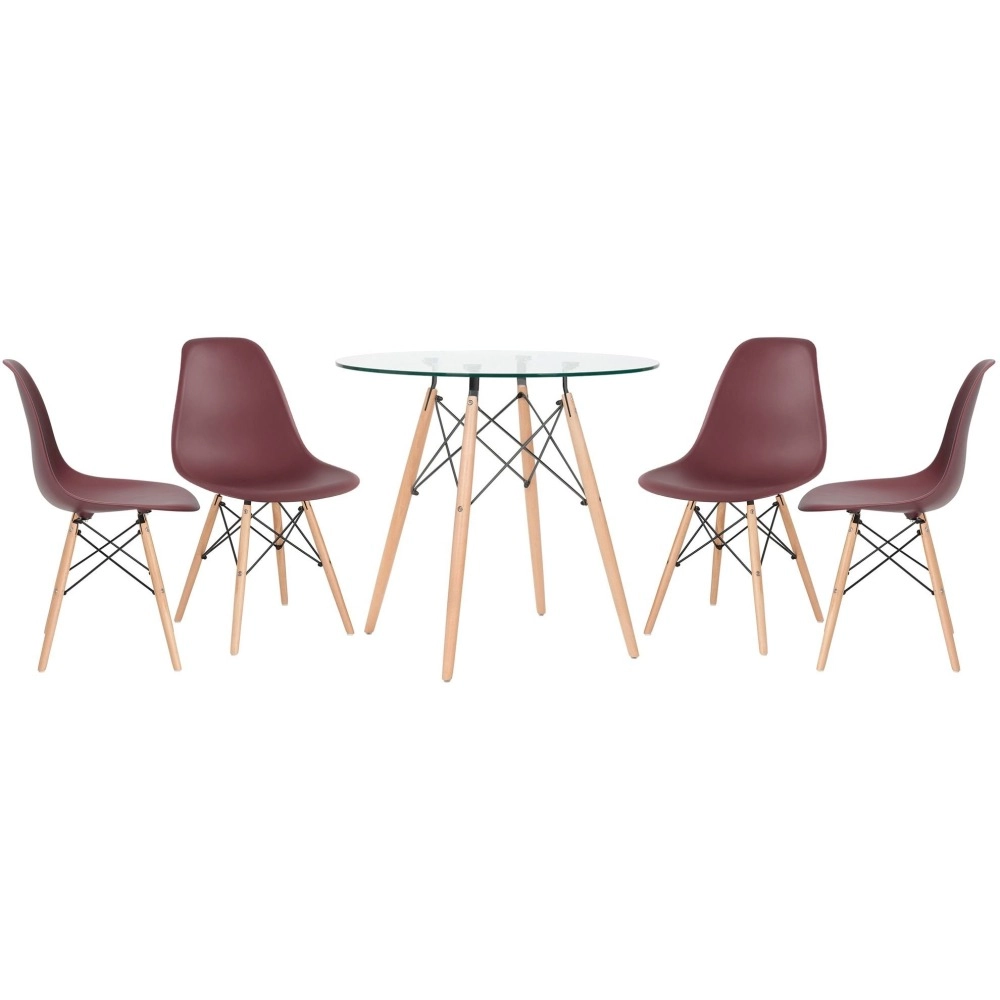 Mesa redonda Eames com tampo de vidro 80 cm + 4 cadeiras Eiffel DSW - Marrom