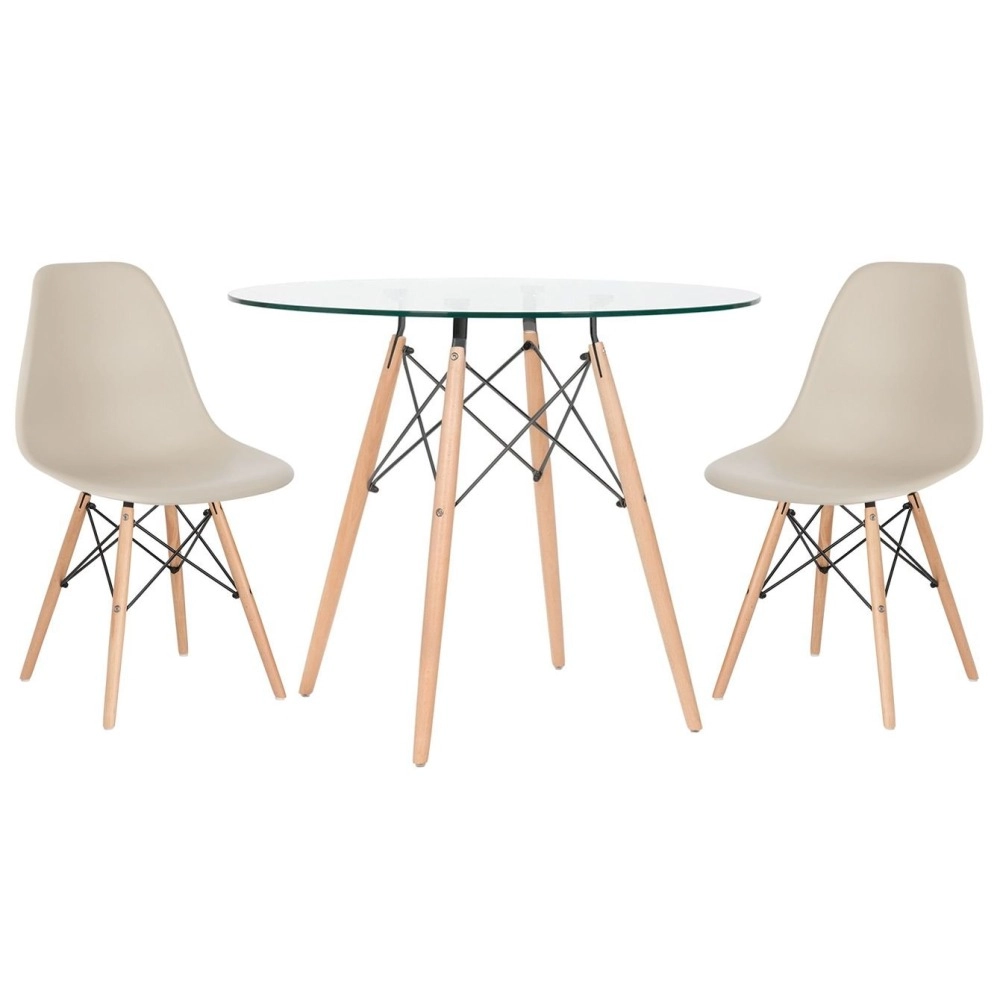 Mesa redonda Eames com tampo de vidro 90 cm + 2 cadeiras Eiffel DSW Nude Mesa redonda Eames com tampo de vidro 90 cm + 2 cadeiras Eiffel DSW Nude