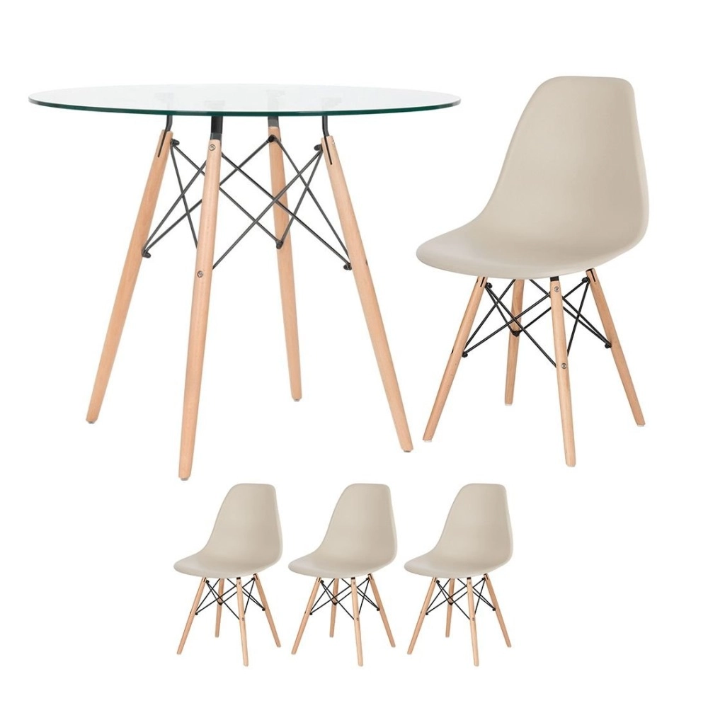 Mesa redonda Eames com tampo de vidro 90 cm + 3 cadeiras Eiffel DSW - Nude Mesa redonda Eames com tampo de vidro 90 cm + 3 cadeiras Eiffel DSW - Nude