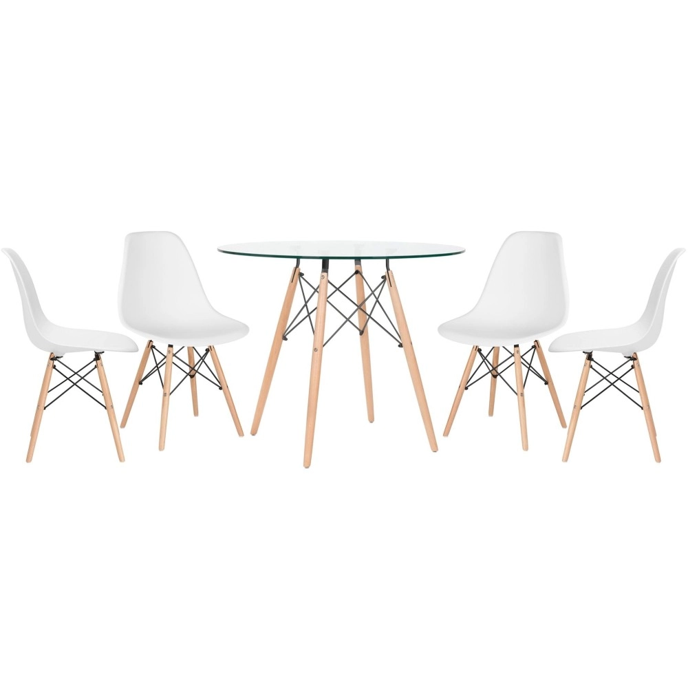 Mesa redonda Eames com tampo de vidro 90 cm + 4 cadeiras Eiffel DSW - Branco Mesa redonda Eames com tampo de vidro 90 cm + 4 cadeiras Eiffel DSW - Branco
