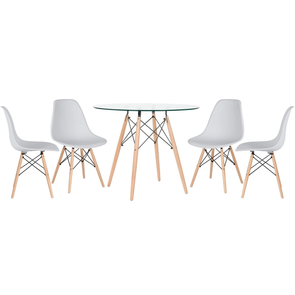 Mesa redonda Eames com tampo de vidro 90 cm + 4 cadeiras Eiffel DSW - Cinza claro