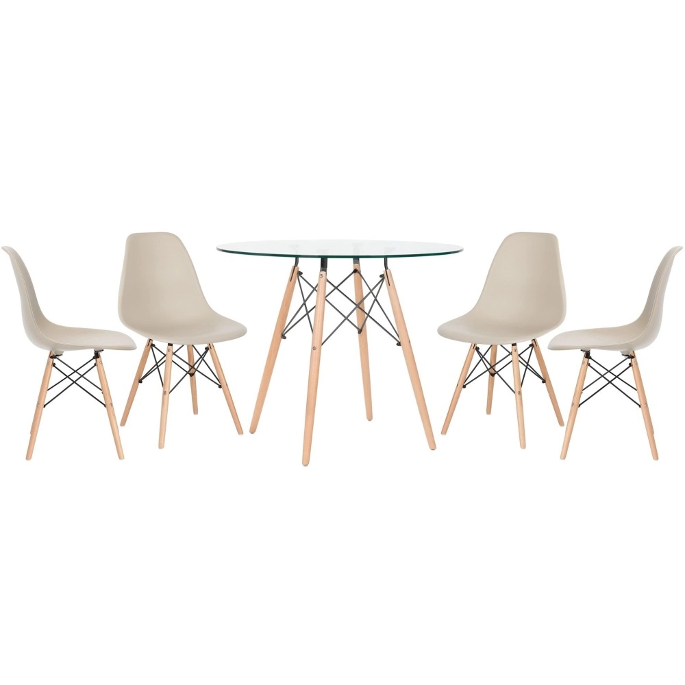 Mesa redonda Eames com tampo de vidro 90 cm + 4 cadeiras Eiffel DSW - Nude Mesa redonda Eames com tampo de vidro 90 cm + 4 cadeiras Eiffel DSW - Nude