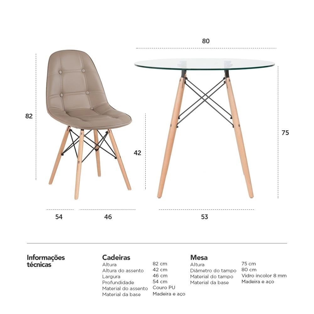 Mesa redonda Eames com tampo de vidro Eames 80 cm + 2 cadeiras Eiffel Botonê - Nude Mesa redonda Eames com tampo de vidro Eames 80 cm + 2 cadeiras Eiffel Botonê - Nude