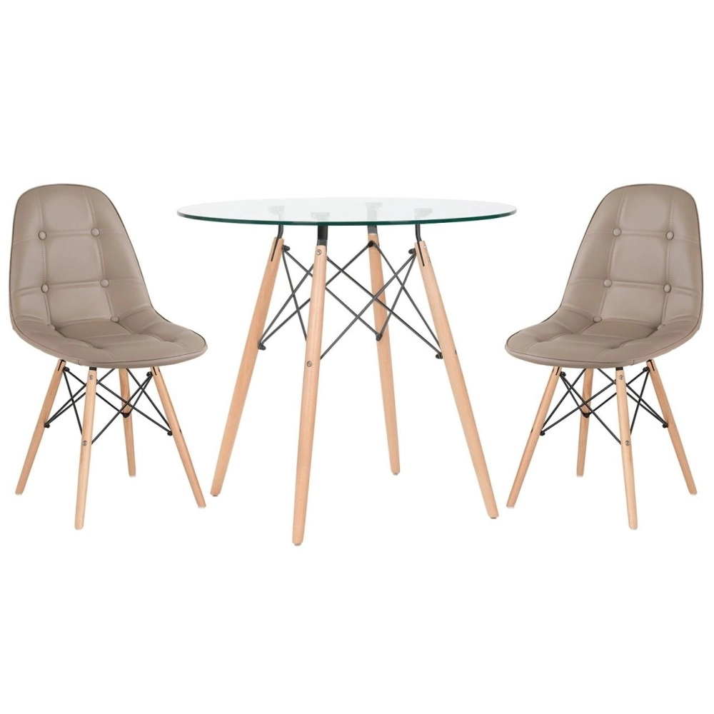 Mesa redonda Eames com tampo de vidro Eames 80 cm + 2 cadeiras Eiffel Botonê - Nude Mesa redonda Eames com tampo de vidro Eames 80 cm + 2 cadeiras Eiffel Botonê - Nude