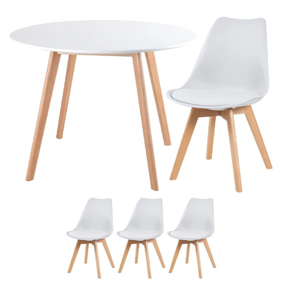 Mesa redonda Leda 100 cm branco + 3 cadeiras estofadas Leda Branco
