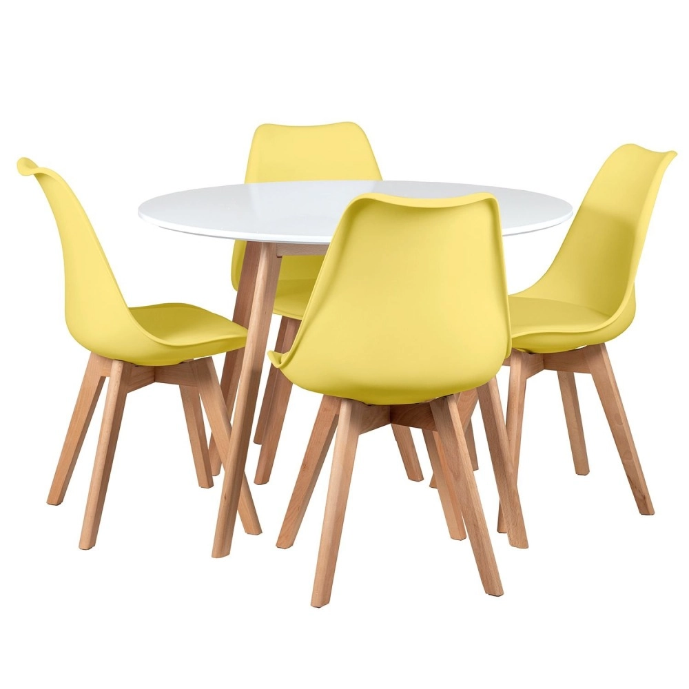 Mesa redonda Leda 100 cm branco + 4 cadeiras estofadas Leda Amarelo