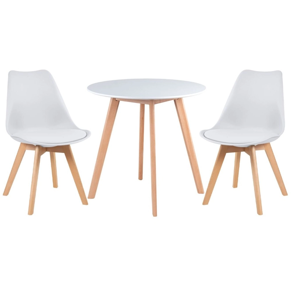 Mesa redonda Leda 70 cm branco + 2 cadeiras estofadas Leda Branco