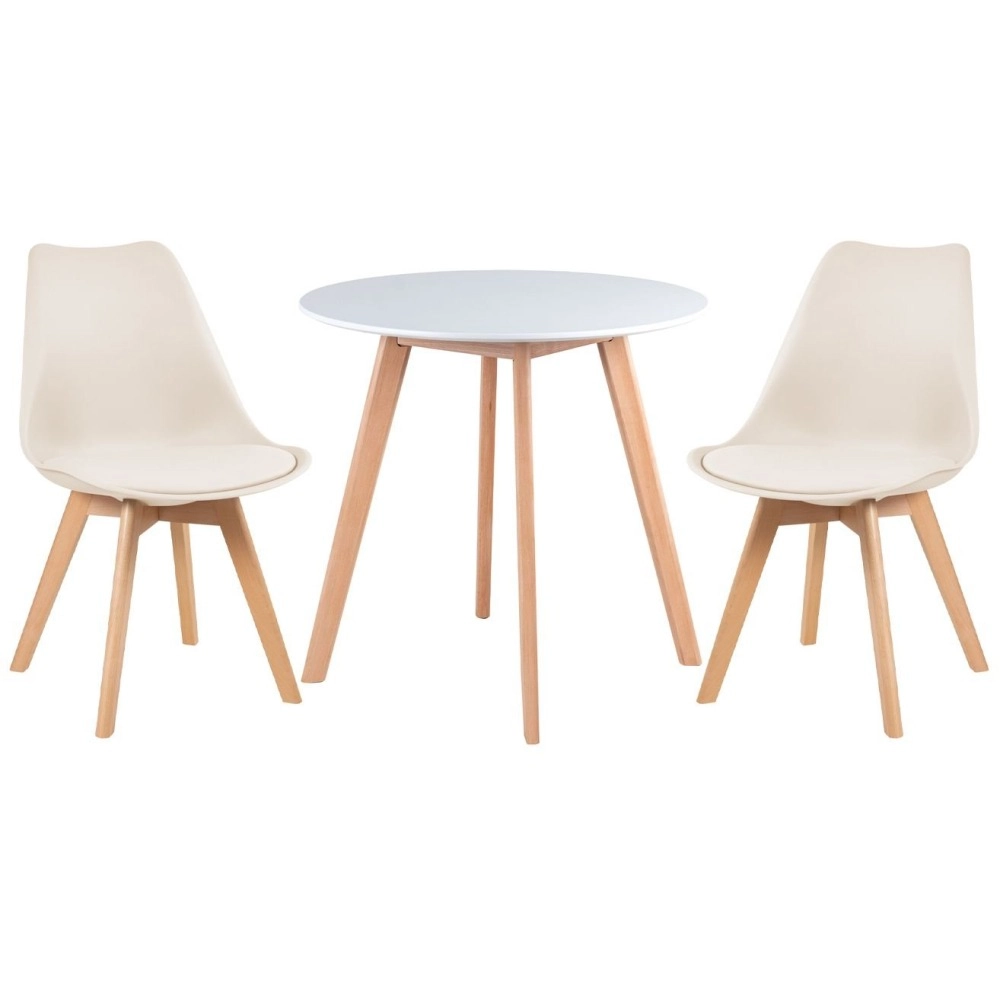 Mesa redonda Leda 70 cm branco + 2 cadeiras estofadas Leda Creme Mesa redonda Leda 70 cm branco + 2 cadeiras estofadas Leda Creme