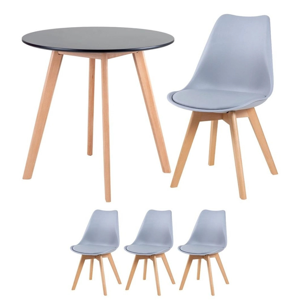 Mesa redonda Leda 70 cm preto + 3 cadeiras estofadas Leda Cinza Claro