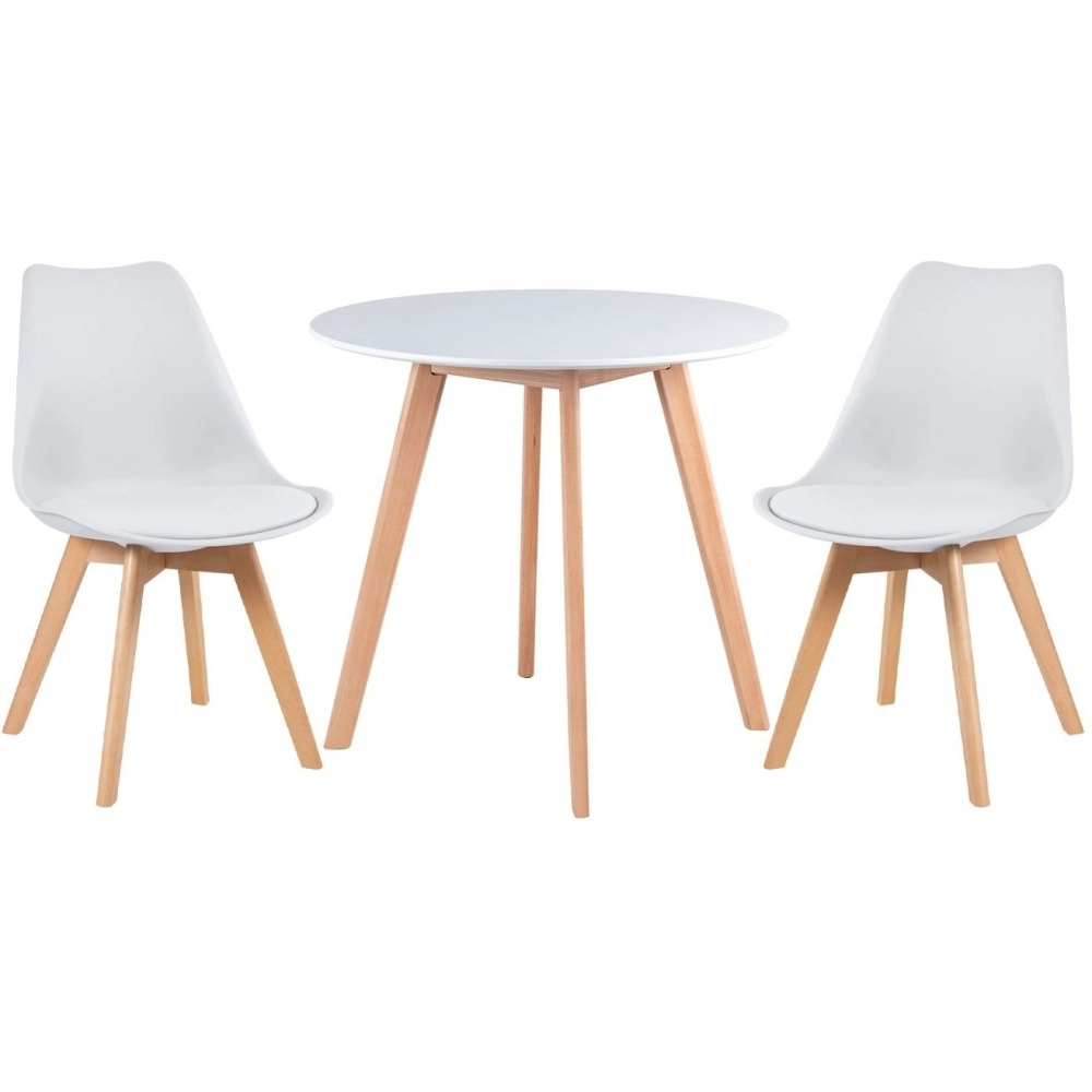 Mesa redonda Leda 80 cm branco + 2 cadeiras estofadas Leda Branco