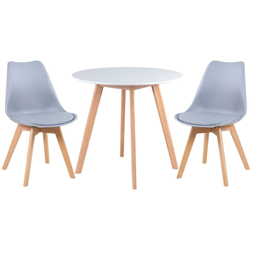 Mesa redonda Leda 80 cm branco + 2 cadeiras estofadas Leda Cinza Claro