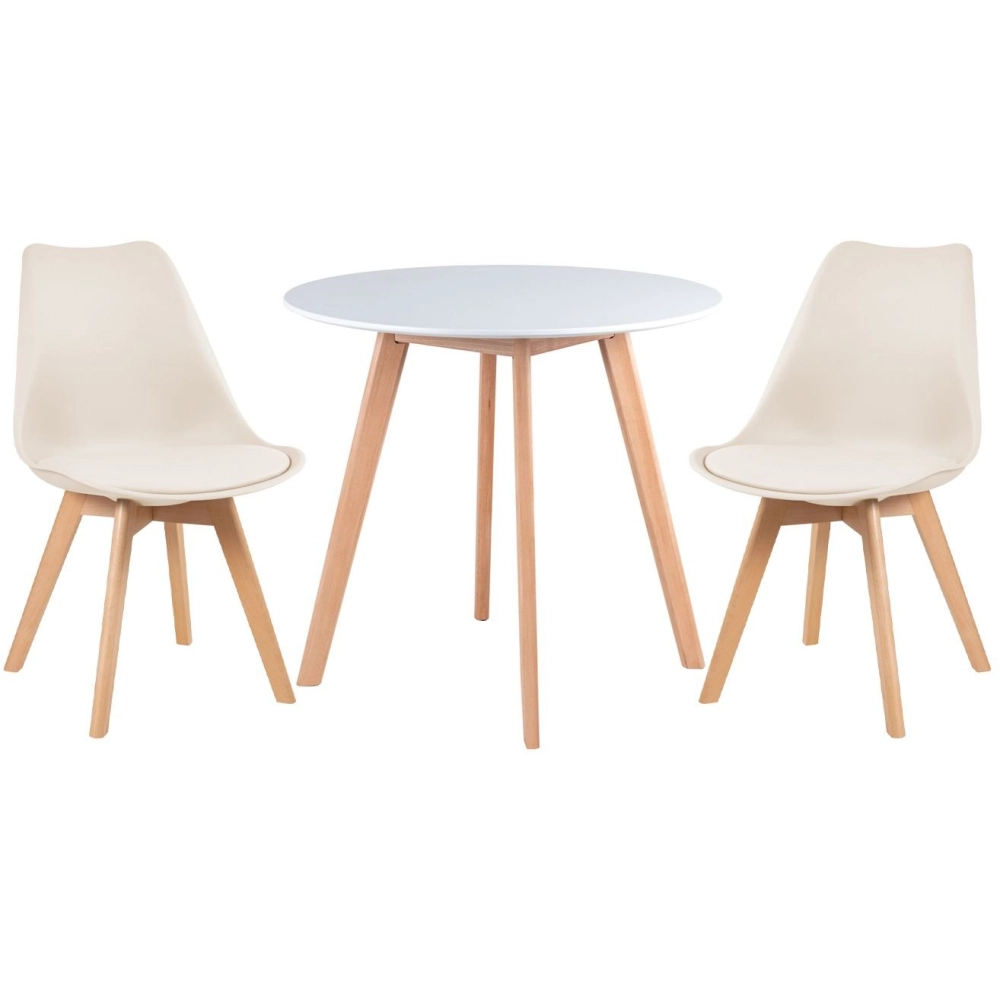 Mesa redonda Leda 80 cm branco + 2 cadeiras estofadas Leda Creme Mesa redonda Leda 80 cm branco + 2 cadeiras estofadas Leda Creme