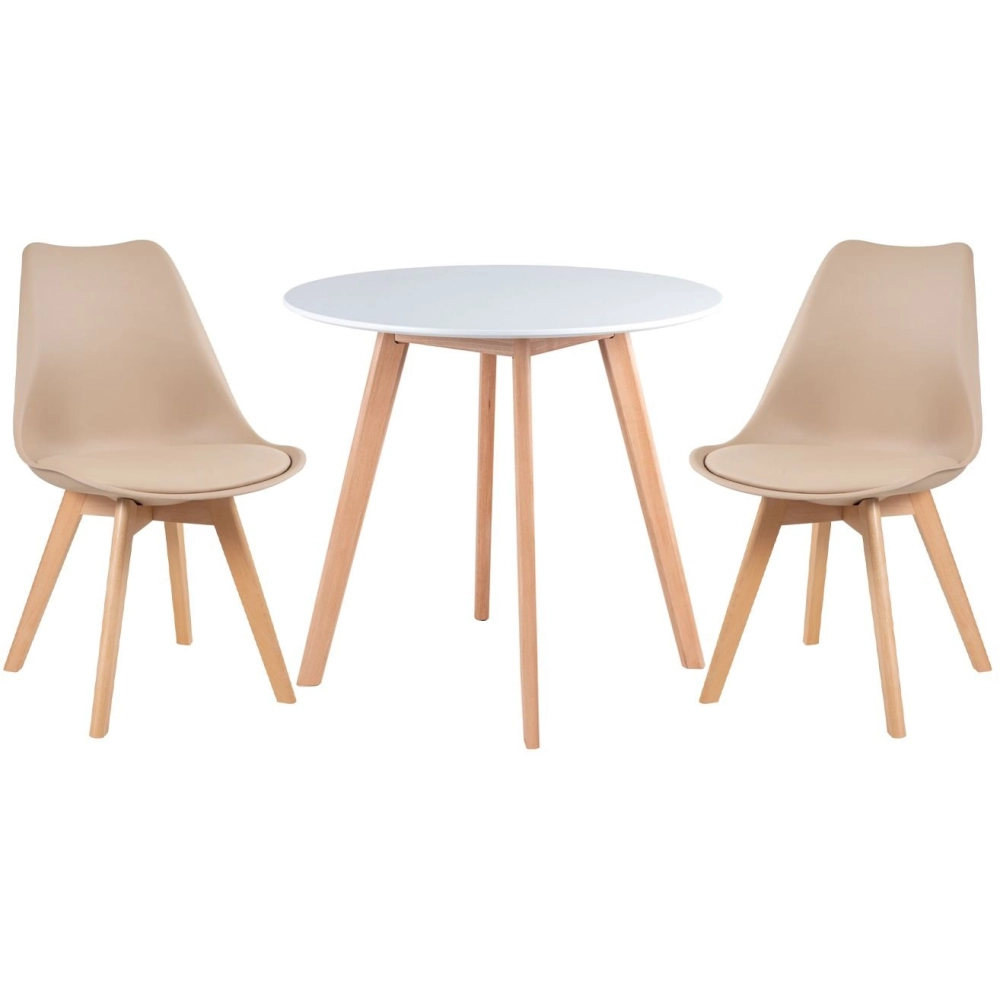 Mesa redonda Leda 80 cm branco + 2 cadeiras estofadas Leda Nude Mesa redonda Leda 80 cm branco + 2 cadeiras estofadas Leda Nude