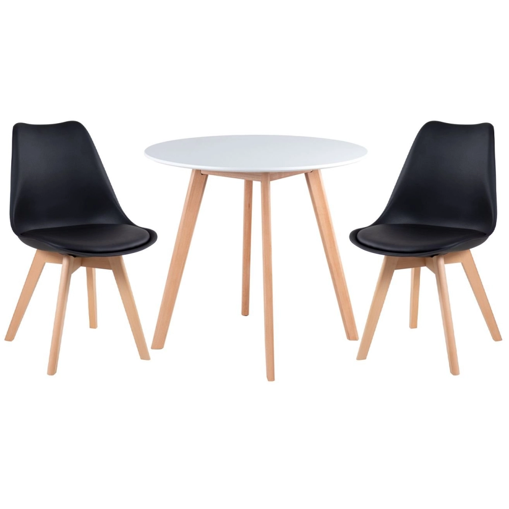Mesa redonda Leda 80 cm branco + 2 cadeiras estofadas Leda Preto