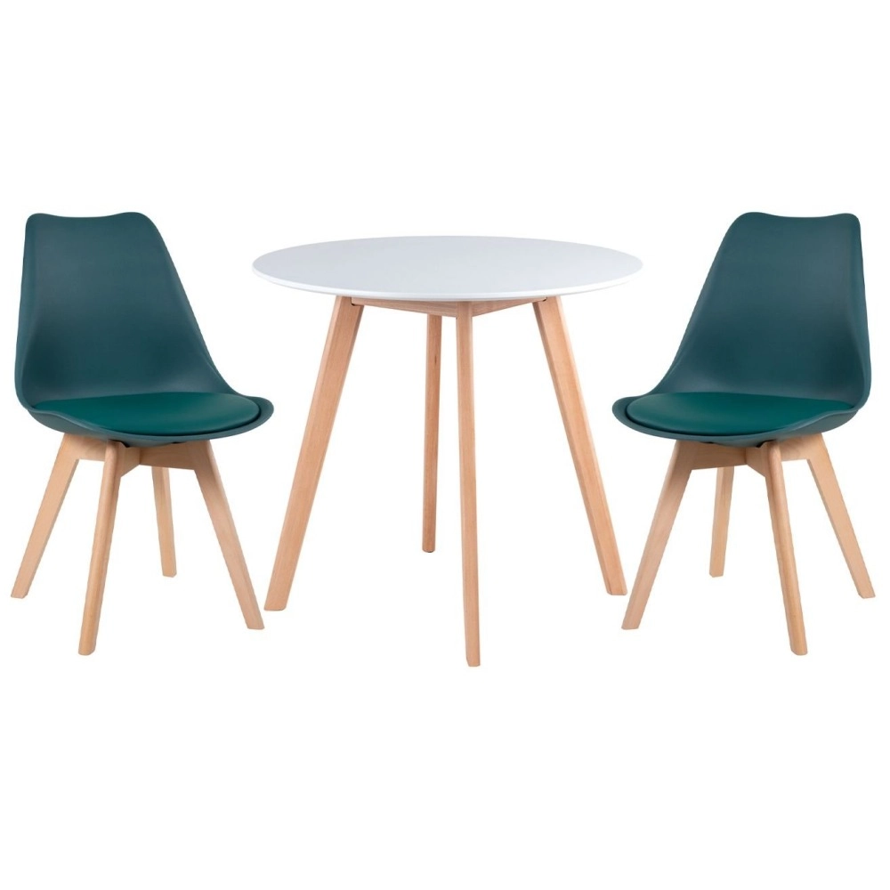 Mesa redonda Leda 80 cm branco + 2 cadeiras estofadas Leda Verde escuro