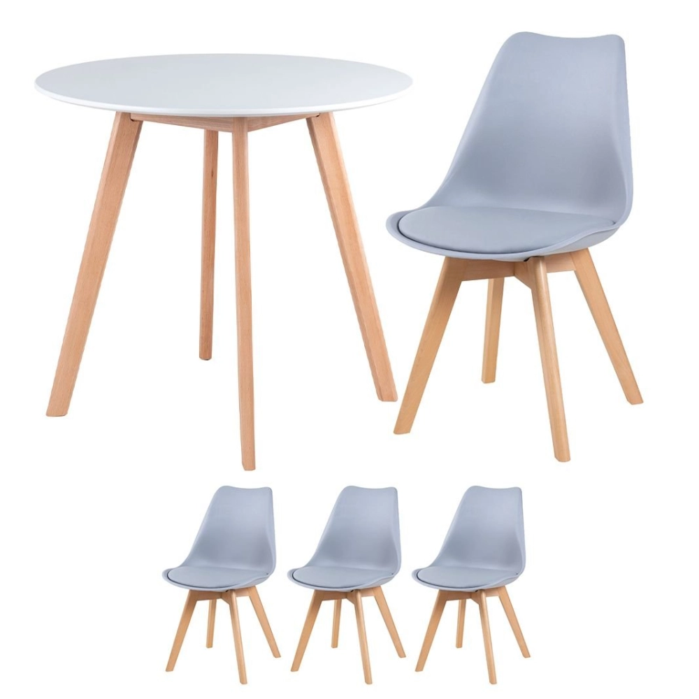 Mesa redonda Leda 80 cm branco + 3 cadeiras estofadas Leda Cinza Claro