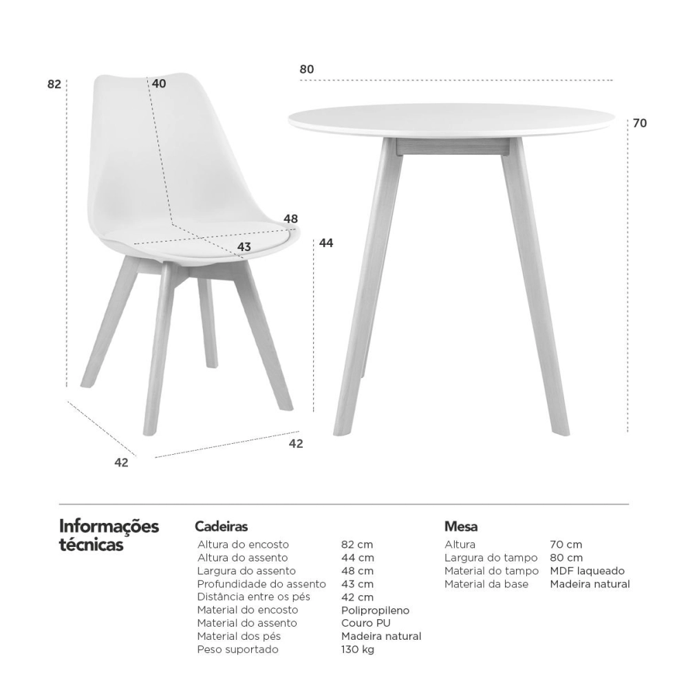Mesa redonda Leda 80 cm branco + 4 cadeiras estofadas Leda Creme Mesa redonda Leda 80 cm branco + 4 cadeiras estofadas Leda Creme
